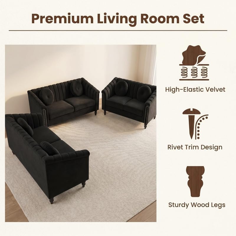 3-Piece Velvet Living Room Set, Modern Tufted Sofa & Loveseat & Armchair, Upholstered Couch with Nailhead Trim & Round Pillows, Comfy Vintage Style Furniture for Apartment (Black)