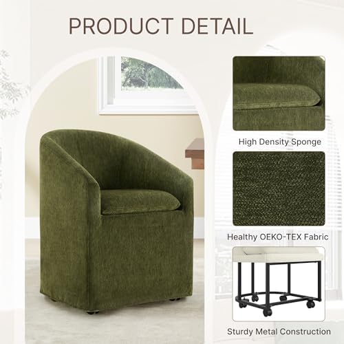 KISLOT Upholstered Dining Chairs with Casters, Washable Cover Modern Dining Room Chairs with Barrel Backrest & Dual Armrest for Kitchen, Living Room, Bedroom, Green Fabric, 4PCS
