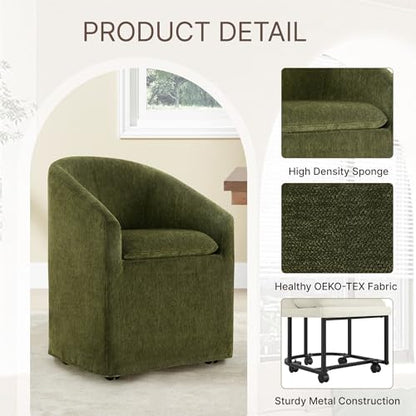 KISLOT Upholstered Dining Chairs with Casters, Washable Cover Modern Dining Room Chairs with Barrel Backrest & Dual Armrest for Kitchen, Living Room, Bedroom, Green Fabric, 4PCS