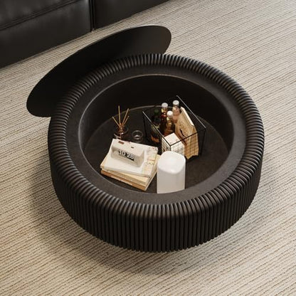 31.5" Black Round Coffee Table with Storage, Tempered Glass Top PU Leather Body & Baked Enamel Base, Modern Minimalist Fluted Circle Center Tables for or Living Room, Bedroom, Apartment