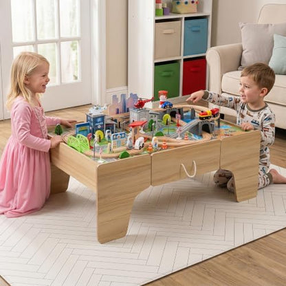 Costzon 110-Piece Wooden Train Table with Drawer for 3+ Years Old Toddlers
