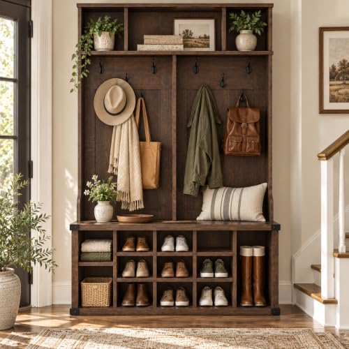 51.2" Hall Tree with Bench and Shoe Storage, Rustic Brown