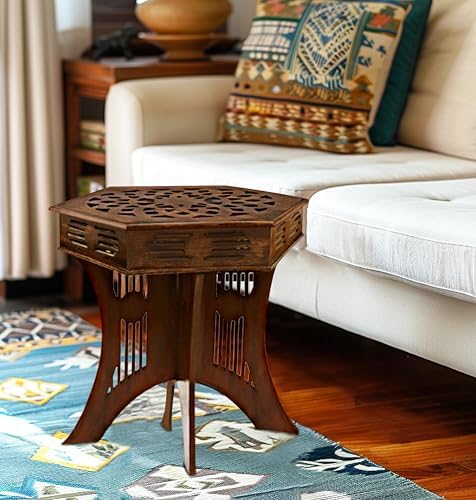 COTTON CRAFT Solid Wood End Table - Hand Carved Folding Moroccan Side Table