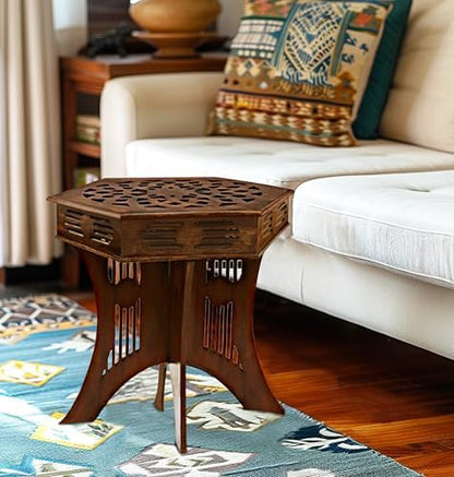 COTTON CRAFT Solid Wood End Table - Hand Carved Folding Moroccan Side Table