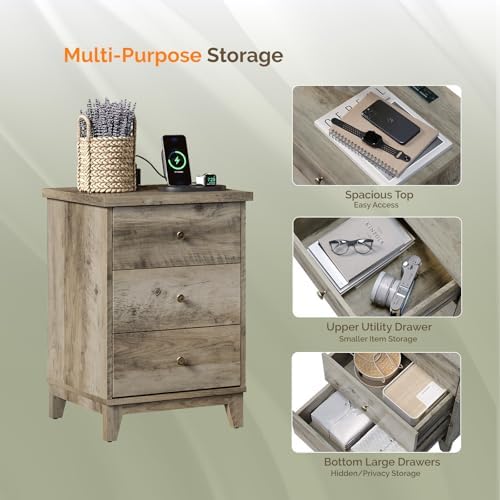 VINGLI Nightstand with Charging Station, Grey Wood Nightstand for Bedroom, 3 Drawer Gray Night Stand with Drawers, Gray Bedside Table, Rustic Grey