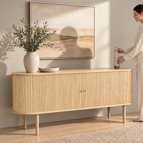 71'' Fluted Sideboard Buffet Cabinet with Sliding Doors and Adjustable Shelves for Dining Room, Living Room, Entryway. Mid Century Modern Fluted Cabinet with Storage (Oak)