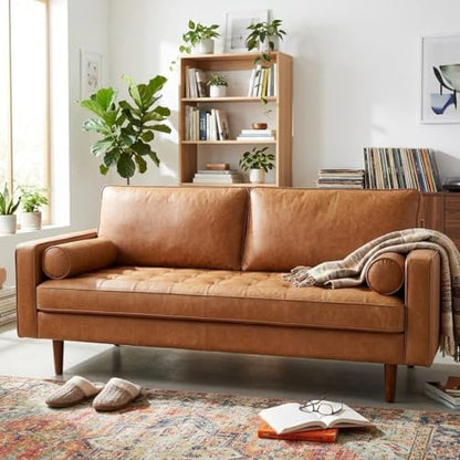 Container Furniture Direct Womble Mid Century Modern Couch with Bolster Pillows, PU Leather Upholstered Tufted Seat, Versatile Retro Design for Comfortable Living Spaces, Loveseat