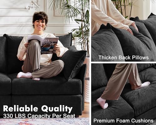 ABCASA Oversized Loveseat Sofa, Modern Modular Sectional Couch Black Fluffy Chenille Mid Century 2-Seat 24.5" Deep Seat for Apartment, Living Room, Bedroom