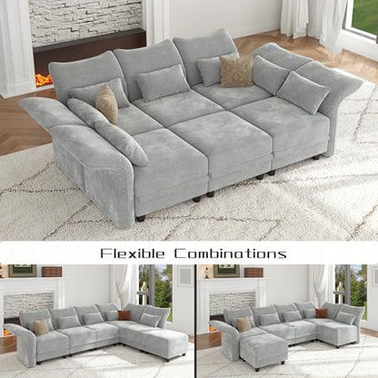 LLappuil 10 Person Modular Sectional Sofa Sleeper Chenille Deep Sectional Couches for Living Room with Storage Ottoman, Adjustable Arms Backs Grey
