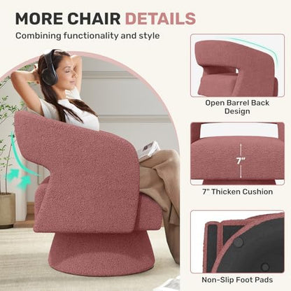 Nebuaegis Swivel Accent Chair, Modern Comfy Teddy Barrel Chairs, Oversized Upholstered Round Arm Chair for Living Room, Bedroom, Reading Room, Dark Pink, 1 PCS