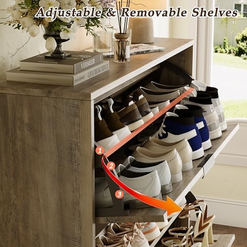 Fluted Grey Shoe Cabinet with 2 Flip Drawers, Narrow Wood Shoe Storage Cabinet, Slim Shoe Rack for Entryway, Freestanding Shoe Cabinet for Living Room, Hallway