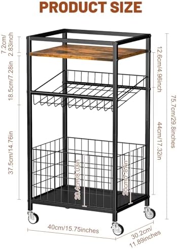Fruit Vegetable Cart, 3-Tier Snack Cart on Wheels & Wood Top, Brown