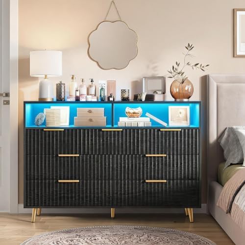 53.9"W 7 Drawer Dresser for Bedroom with LED and Charging Station, Black