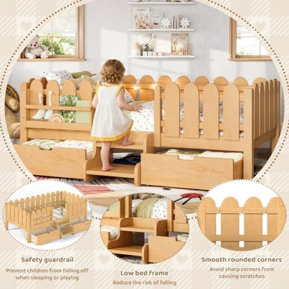 Bellemave Twin Size Platform Bed with Storage Drawers & Bookshelf for Boys Girls, Kids Twin Bed Frame with LED Lights & Stairs for Children's Room, Natural