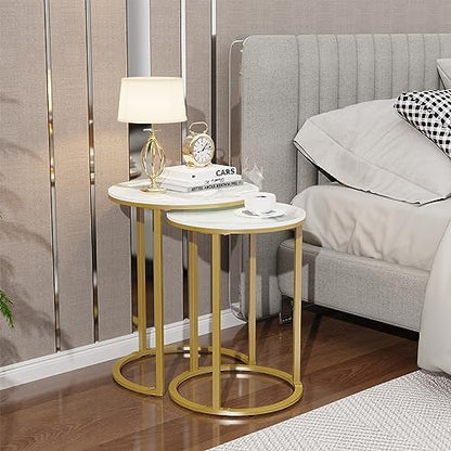 Wisfor Round Nesting Coffee Table: Set of 2 White Sintered Stone Stacking Side Table with Golden Metal Frame - Small Sofa End Table for Living Room Bedroom, 15.7x21.5 (13.8x19.7)