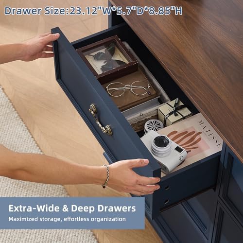 Joaxswe Farmhouse 6 Drawers Dresser for Bedroom, Vintage 54" Wide Chest of Drawers w/ 4 Wooden Legs, Rustic Large Closet Storage Dressers Organizer for Hallway, Wood TV Stand for Living Room, Blue