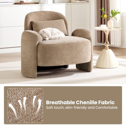 Accent Chair for Living Room, Modern Chenille Fabric Lounge Reading Sofa Chair with Lumbar Pillow, Upholstered Arm Chairs for Bedroom, Office, Brown