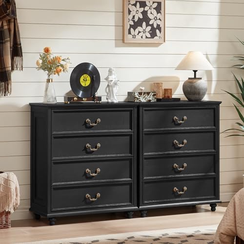 Joaxswe Farmhouse 4 Drawer Dresser Set of 2 for Bedroom, 37" Tall Rustic Chests of Drawers w/ 4 Solid Wood Feet, Mid Century Vintage Wooden Closet Storage Dressers Organizer for Living Room, Black