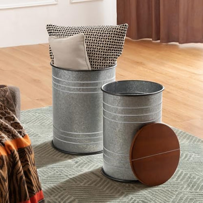 Glitzhome Nesting Tables for Living Room, Round Coffee Tables Set of 2, Metal Farmhouse Small Accent End Table with Storage and Lid for Bedroom Office Plant Stander, Grey