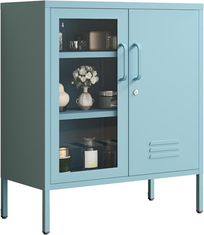 Metal Cabinet Metal Bathroom Storage Cabinet Metal Storage Cabinets with Glass Door and Adjustable Shelves Cabinet Storage for Coffee Bar for Homes, Living Rooms and Offices Blue 33''H