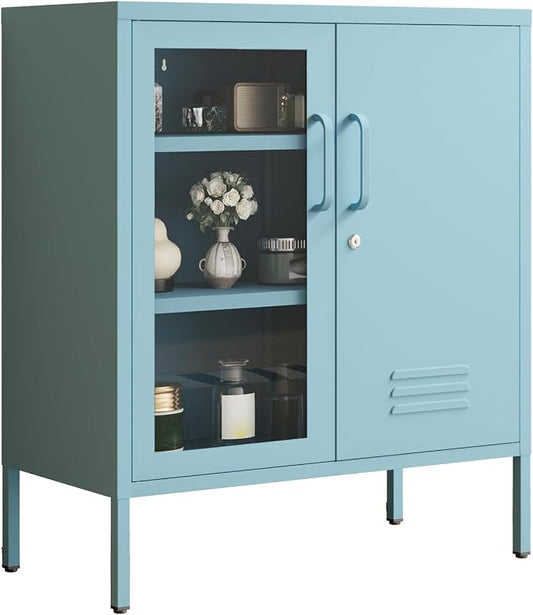 Metal Cabinet Metal Bathroom Storage Cabinet Metal Storage Cabinets with Glass Door and Adjustable Shelves Cabinet Storage for Coffee Bar for Homes, Living Rooms and Offices Blue 33''H