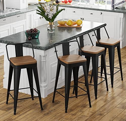 Bar Stools Set of 4 Metal Bar Stool Counter Height Bar Stools Black, Modern Bar Chairs with Back and Wooden Seat 30" Bar Stool Counter Height