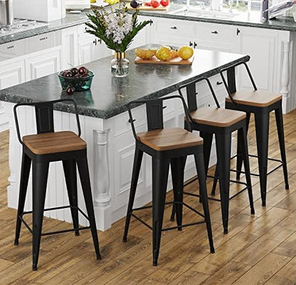 Bar Stools Set of 4 Metal Bar Stool Counter Height Bar Stools Black, Modern Bar Chairs with Back and Wooden Seat 30" Bar Stool Counter Height