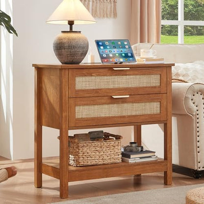 LEYAOYAO 31.5" Wide Rattan Night Stand with Charger Station, Boho