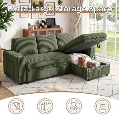 82.5" Pull Out Sleeper Sofa Bed with Storage Chaise, Green