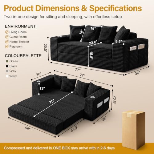 77" Convertible Futon Sofa Bed, Boneless Couch for Living Room (Black)