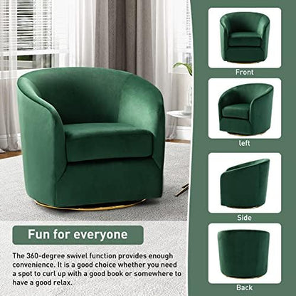 HULALA HOME Swivel Accent Chair with Gold Metal Base, Contemporary Velvet Curved Swivel Barrel Chair, Upholstered Club Armchair, Leisure Single Sofa for Living Room, Nursery, Bedroom(Green)