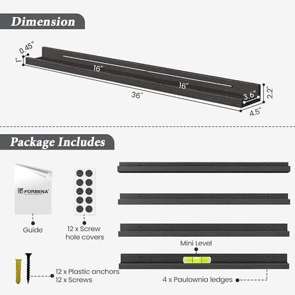 Forbena Black Picture Ledge Shelf 4-Pack, 36 Inch Floating Shelves for Wall with Lip Edge, Extra Long Wood Hanging Wall Shelf for Living Room Bedroom Office Classroom Library Books Photo Frames Decor
