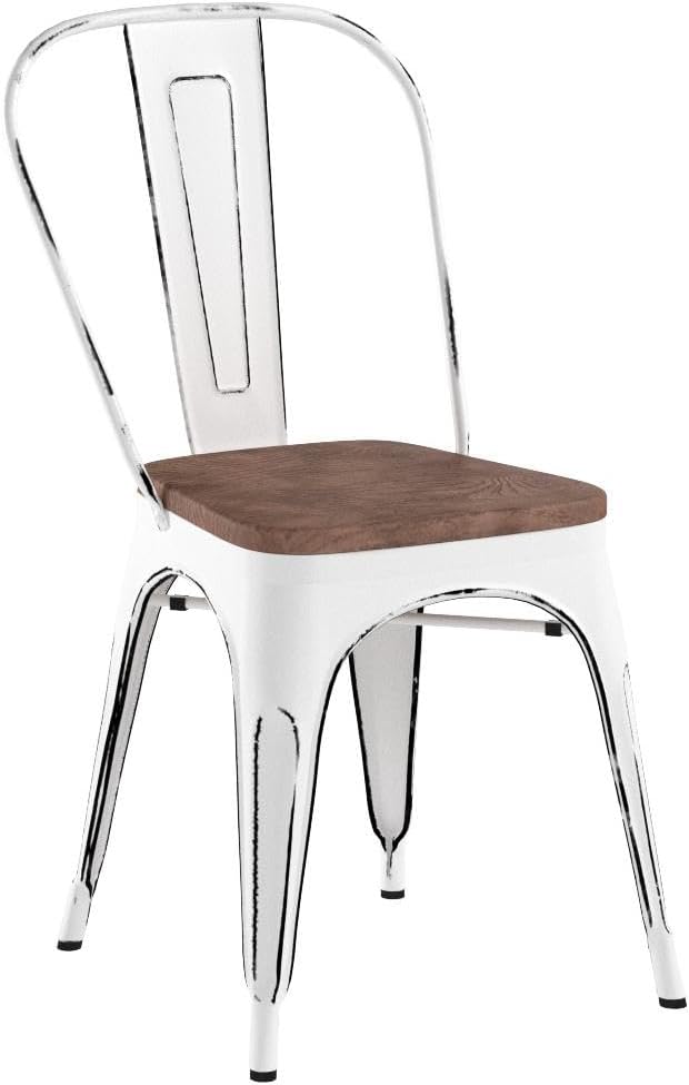 JUMMICO Metal Dining Chair Stackable Industrial Vintage Kitchen Chairs Indoor-Outdoor Bistro Cafe Side Chairs with Back and Wooden Seat Set of 4 (White)