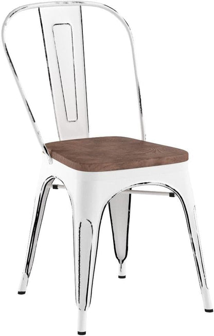 JUMMICO Metal Dining Chair Stackable Industrial Vintage Kitchen Chairs Indoor-Outdoor Bistro Cafe Side Chairs with Back and Wooden Seat Set of 4 (White)