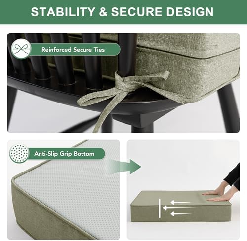 Water Resistant Outdoor Chair Cushions, Faux Linen Backrest and Deep Seat Cushion Set with Ties, Removable Cover, Non-Slip Bottom for Patio Furniture, 24 x 24 Inch, Mocca Green, Set of 2