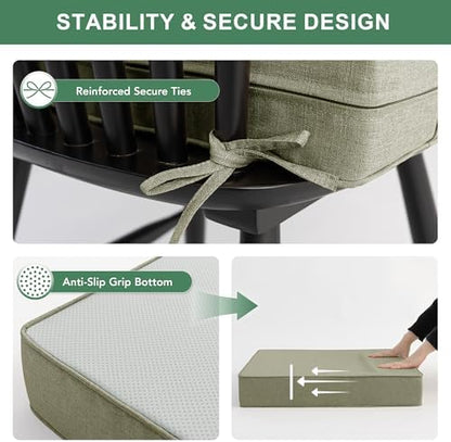 Water Resistant Outdoor Chair Cushions, Faux Linen Backrest and Deep Seat Cushion Set with Ties, Removable Cover, Non-Slip Bottom for Patio Furniture, 24 x 24 Inch, Mocca Green, Set of 2