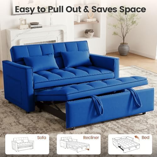 Pull Out Couch, Convertible Sofa Bed With Side Pockets, 3 in 1 Velvet Fabric Loveseat sleeper sofa bed, Love Seat Sleeper Bed with Adjustable Backrest for Living Room, Bedroom, Apartment, Blue
