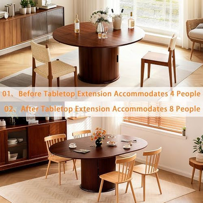 Extendable Round/Oval Dining Table Seats 2-4-6, 59" Modern Farmhouse Design with 2-Tier Storage & Fluted Slide Door, Dining Room Kitchen Furniture (Walnut, 59 inches)