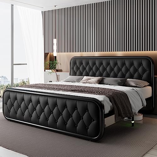 Feonase King Size Bed Frame, Upholstered Bed Frame with Faux Leather Headboard, Heavy Duty Platform Bed with Strong Metal Slats, 12 Inch Under-Bed Storage, Noise-Free, Easy Assembly, Black