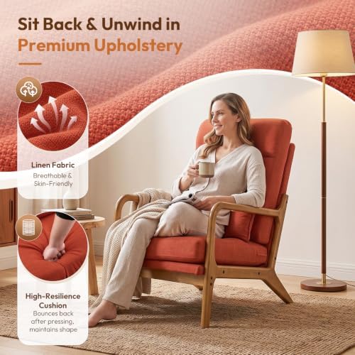 Bonnlo High Back Linen Burnt Orange Mid Century Modern Accent Chair, Soild Wood Padding Lounge Armchairs Side Sitting Chairs for Living Room, Bedroom, Guest Room