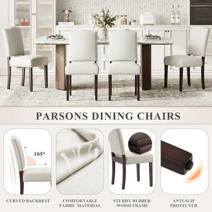 MALOL Upholstered Parsons Dining Chairs Set of 6, Modern Dining Room Chairs with Back, Fabric Kitchen Side Chairs with Wood Legs, Nailhead Trim for Dinner Farmhouse Restaurant, Beige