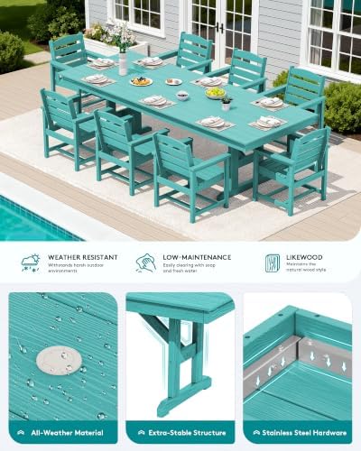 SERWALL 9Pcs 84" HDPE Outdoor Dining Set for 8 with Armchairs,Aruba