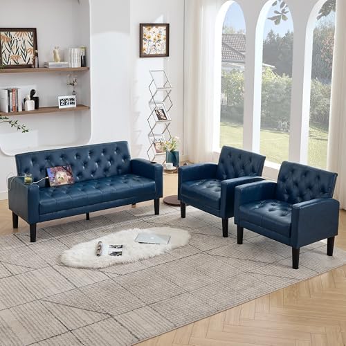 62'' Blue Leather Loveseat Sofa Set with Chairs, 3-Piece Living Room Sets