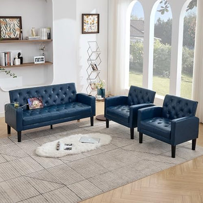 62'' Blue Leather Loveseat Sofa Set with Chairs, 3-Piece Living Room Sets