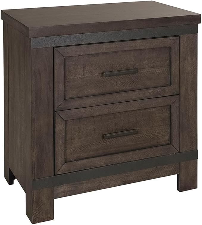 Pemberly Row 4-Piece King Bedroom Set, Rubberwood and Mango Veneers, Rock Beaten Grey Finish with Saw Cuts, Includes Panel Bed, 8-Drawer Dresser with Mirror, 2-Drawer Nightstand, Industrial Style