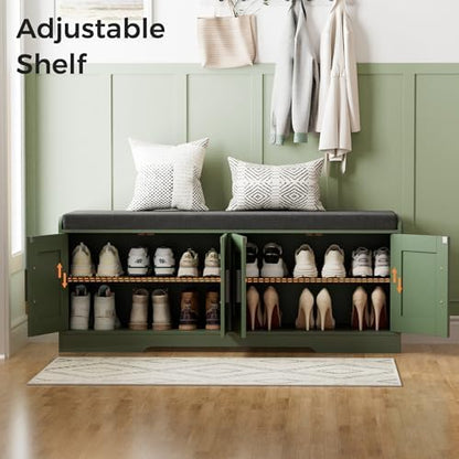 Shoe Storage Bench, 4 Doors & Thickened Padded Seat Cushion