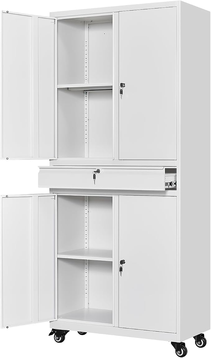 White Metal Storage Cabinet with Wheels, 73" Tall Garage Rolling Storage Cabinets with Doors and Shelves, Lockable Tool Caninet Steel Locking Cabnets for Home Office, Garage, Pantry