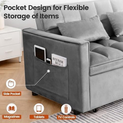 54'' Sleeper Sofa Bed, Convertible Pull Out Couch Futon with Side Pockets, Velvet Loveseat Sofa Bed with Adjustable Backrest, Armrest Pillows for Living Room Dorm Apartment, Dark Gray