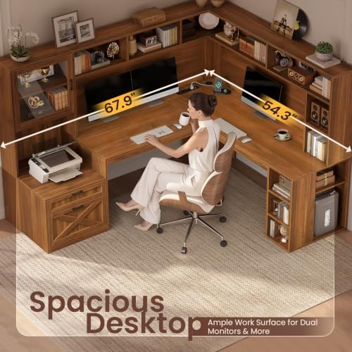 SEDETA Farmhouse 68" L Shaped Office Desk with Hutch, Storage Drawers