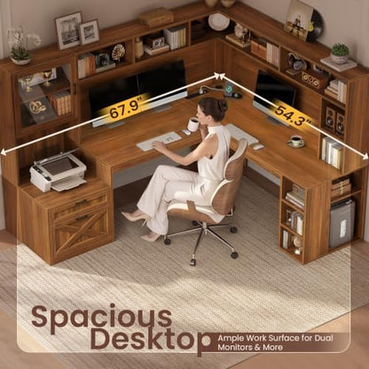 SEDETA Farmhouse 68" L Shaped Office Desk with Hutch, Storage Drawers